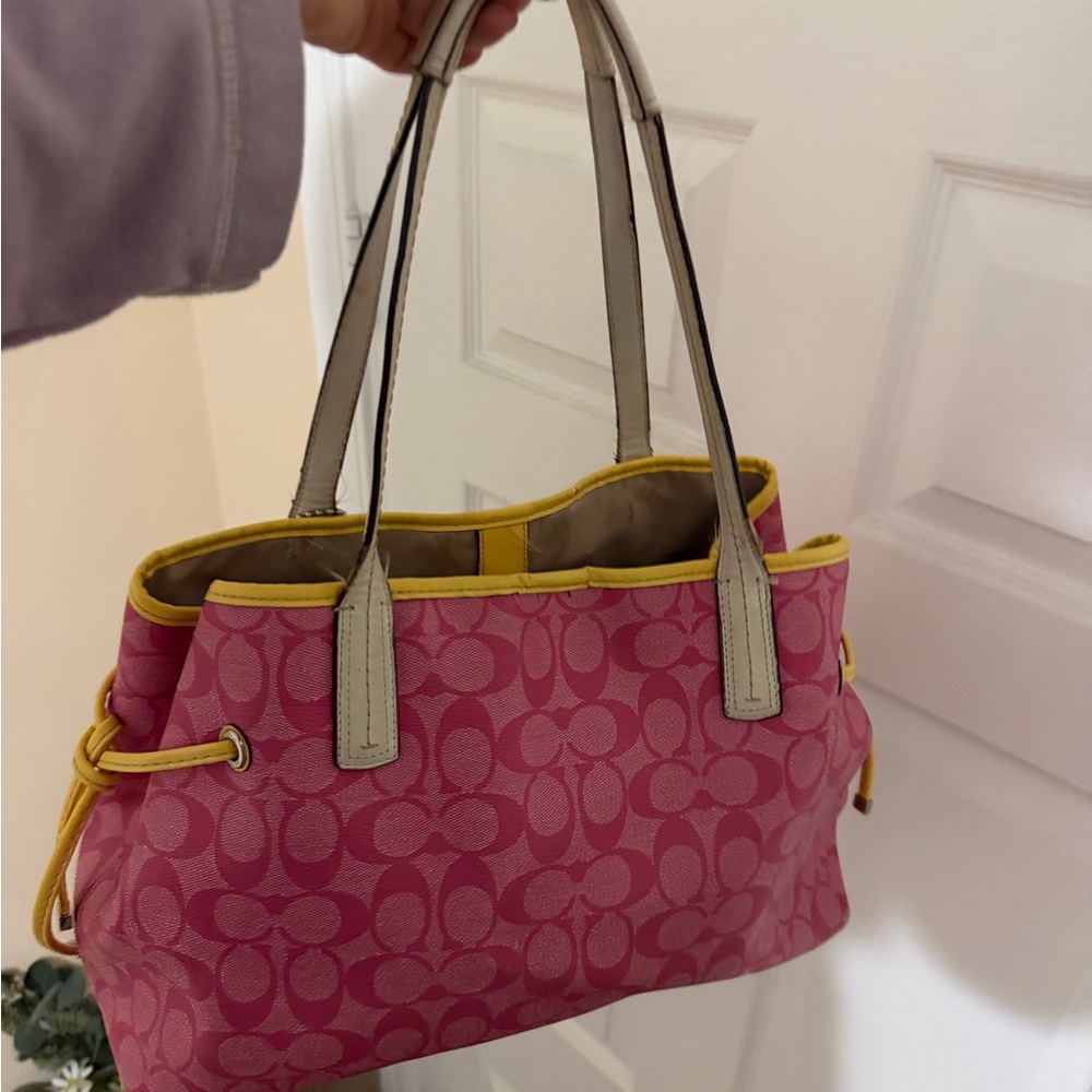Coach Pink Signature Tote with Yellow Stripe - Picture 2 of 16
